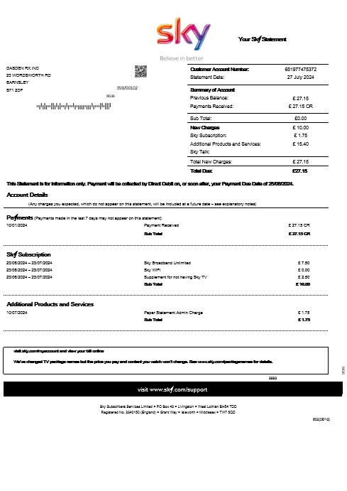 United Kingdom Sky business utility bill statement template in Word and PDF formats
